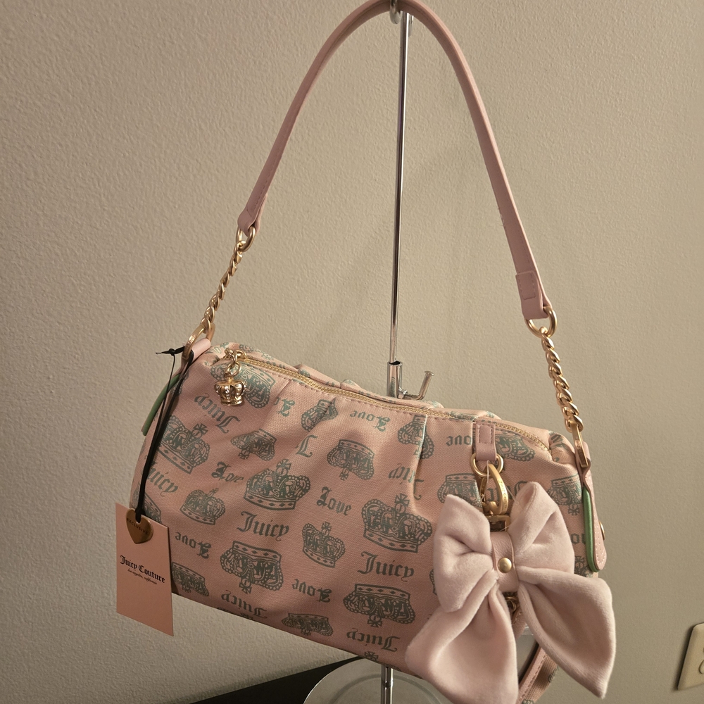 Juicy Couture Pink Crown Print Shoulder Bag NWT Bow Charms Gold Chain
